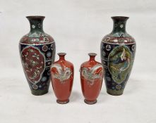 Two pairs of Japanese late Meiji period (1868-1912) cloisonne tapering oviform vases, the larger