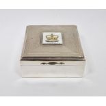 Elizabeth II silver cigarette box, of square form, commemorating the 1953 coronation, with inlaid