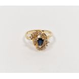 14ct gold, sapphire and white stone dress ring set pear-shaped blue-coloured stone surrounded by