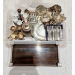 Mid-century rosewood drinks tray, of rectangular form with silver plated mounts, together with an