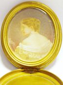 19th century portrait miniature, head and shoulders portrait of a lady in pearl earrings, oval, 4.