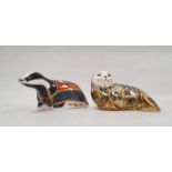 Two Royal Crown Derby bone china animal paperweights, the first 'Moonlight Badger' from the