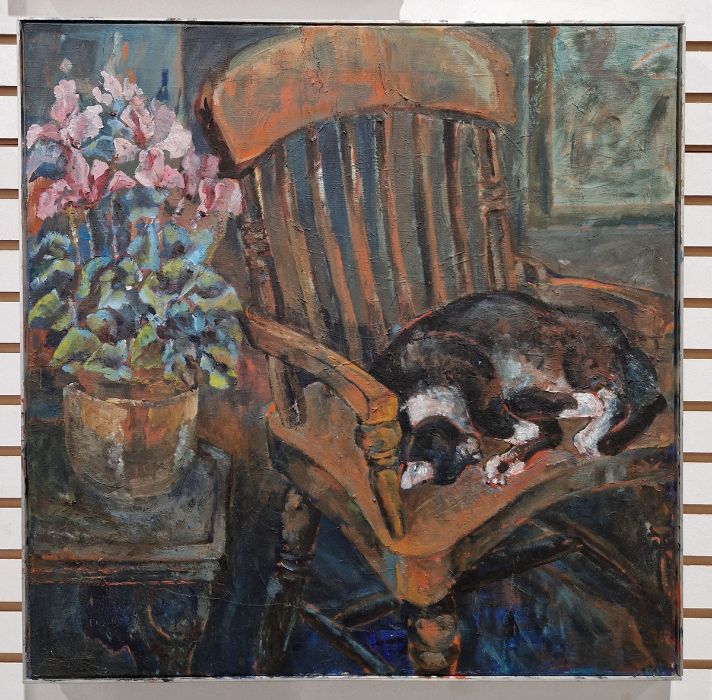 Myriam Gilby (1929-2010) Oil on canvas Interior scene with cat curled up on a chair, signed verso, - Image 2 of 2