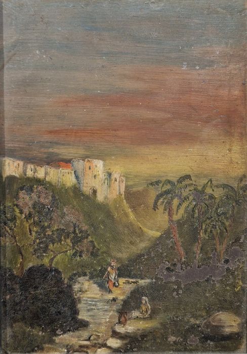 19th century school Oil on slate Figures gathering water at river with palm trees and castle/