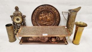 Assorted brass and metalware including Victorian Arts & Crafts-style copper and brass double food