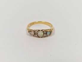 18ct gold, opal and diamond ring set three oval opals and six old cut diamonds  Condition Report