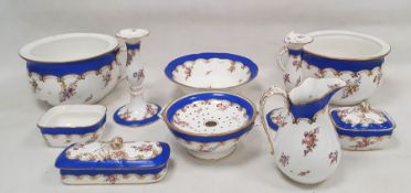 19th century Staffordshire porcelain blue-ground wash set including: a baluster jug, two basins, a