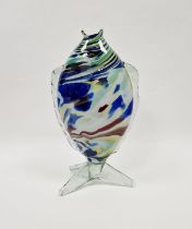 Large 20th century glass model of a fish on clear tripod base, decorated with marbled yellow,