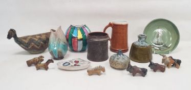 Collection of studio pottery and other items including a continental Riva striped vase of