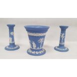 Wedgwood blue jasperware tapering conical bough-pot and pierced liner, 16.6cm high and a pair of