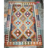 Chobi grey ground kilim with three rows of three interlocked lozenge medallions, single geometric