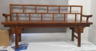 20th century Chinese hardwood bench raised on turned legs, 76cm high x 153cm wide x 35cm deep