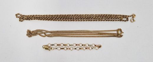 9ct gold rope-pattern chain (damaged), 3.7g approx., a 9ct gold bar and circle link bracelet, 2g