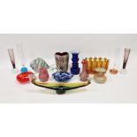 Collection of coloured glassware including a Murano 'Tutti Frutti' cased vase with scrambled