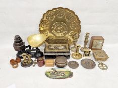 Salters & Co set of scales with graduating weights, a pair of brass candlesticks with ram and ring