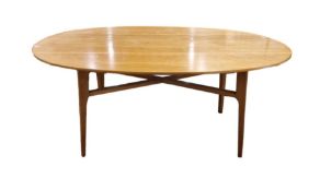 Heals oval lightwood with line inlay dining table and four armchairs on square supports. H. 75cm x