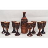 Iden Pottery (Rye, Sussex) water/wine set with jug and eight goblets, each decorated with a band