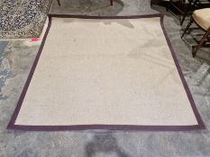 Large modern beige ground rug with purple exterior band, 202cm x 200cm