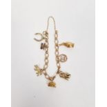 9ct gold charm bracelet, the oval and cross link bracelet with multiple gold and gold-coloured