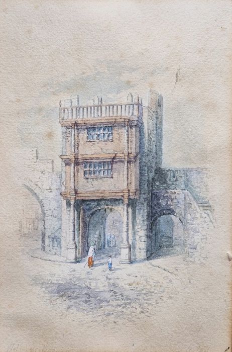 George Fall watercolour drawing 'Walgate, York' , two figures beside a stone city gate, unframed, - Image 2 of 6