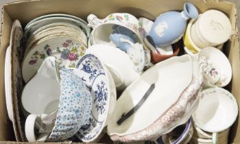 Wedgwood blue jasperware vase, a Wedgwood willow pattern jug and a quantity of glassware to