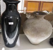 Large Scavo-style glass vase and a tall black glass vase (2)