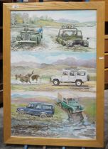 Oil on canvas, various models of Landrover driving through water, a safari, elephants, etc, 74cm x