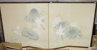 Oriental-style four-panel folding screen adapted for wall mounting,  decoration in pastel creams,