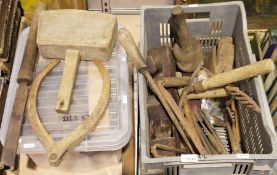 Quantity of vintage tools to include mallets, wooden calipers, plain, large chisel, etc (2 boxes)