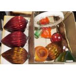 Four vintage oversized Christmas baubles, a Murano-style faceted scent bottle, etc (1 box)