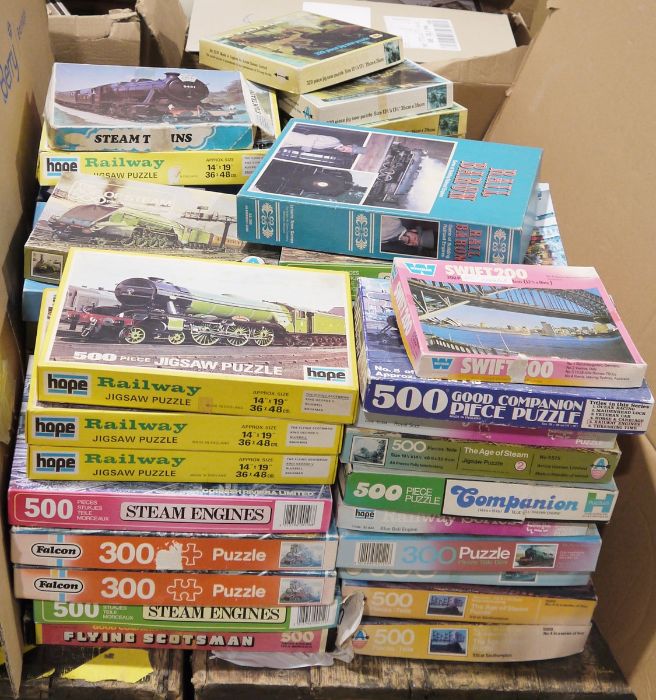 Large quantity of vintage jigsaw puzzles, mainly railway and steam engine related