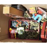 Quantity of toys to include remote control Daleks, plastic toy soldiers, etc and a metal chest (1