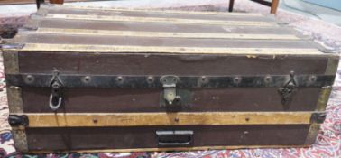 Vintage wooden travel trunk with metal corners and handles, and wooden bindings (88cm x 45cm x 30cm)