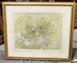 Pastel Still life with flowers, thistles, butterflies and bees, signed 'Sally(?)' lower right,