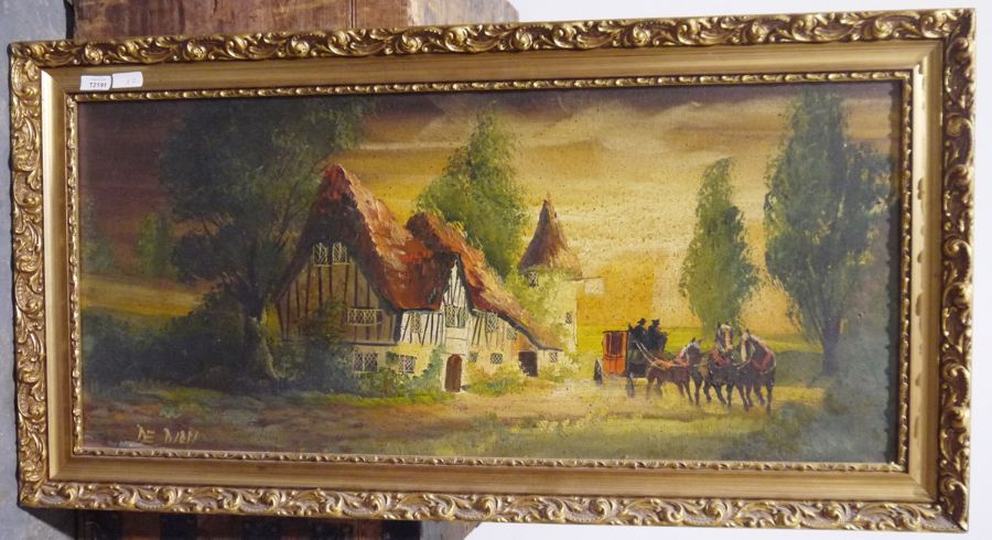 Oil on canvas Thatched cottage with a turret, possibly an inn, with a coach and horses coming