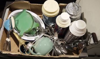 Four vintage Thermos flasks, a quantity of silver-plated cutlery, a Radaware vintage cast iron and