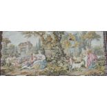 Two machine made tapestry wall hangings depicting romantic scenes with figures in landscapes , 147 x