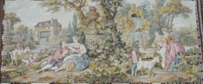 Two machine made tapestry wall hangings depicting romantic scenes with figures in landscapes , 147 x