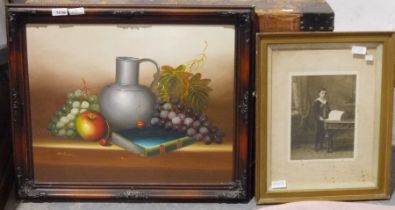Unattributed Oil on canvas Still life showing grapes, apple, book and a jug, indistinct signature