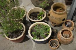 Terracotta strawberry/herb planter, 45cm high, four glazed plant pots, each 32cm x 38cm approx., two