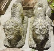 Pair of reconstituted stone lions, 55cm x 28cm x 35cm (2)