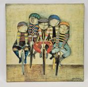 After Graciela Rodo Boulanger (b.1935) Print on panel "Tour de France", group of young boys on