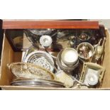 Quantity of metalwares to include souvenir spoons in wooden case, a candelabra, dishes, etc (1 box)
