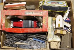 Quantity of model railway items to include buildings, train tracks, train, rolling stock, a Tonka