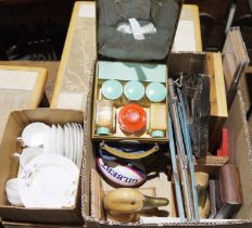 Vintage travelling vanity set with case, a triple gourd-shaped lamp base, a turned wooden table lamp