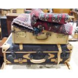 Vintage vellum suitcase by Christie Baggage, a small oak book trough, a runner, a suede and