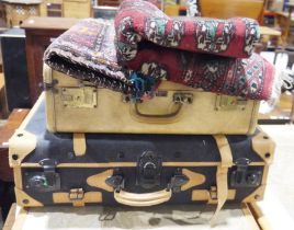 Vintage vellum suitcase by Christie Baggage, a small oak book trough, a runner, a suede and
