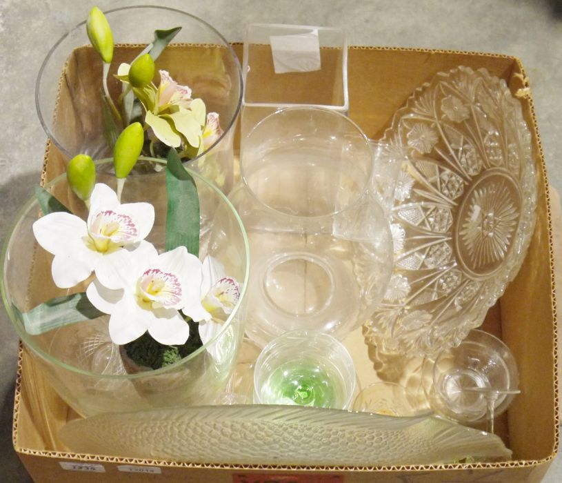 Cut glass bowl with floral decoration, a glass dish in the shape of a fish, a set of three early