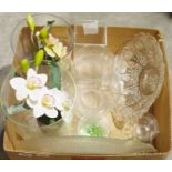 Cut glass bowl with floral decoration, a glass dish in the shape of a fish, a set of three early