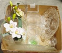 Cut glass bowl with floral decoration, a glass dish in the shape of a fish, a set of three early